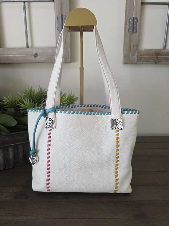 Handbags - Brighton White Leather Tote Whipstitch Detail Floral Lining Heart Charm